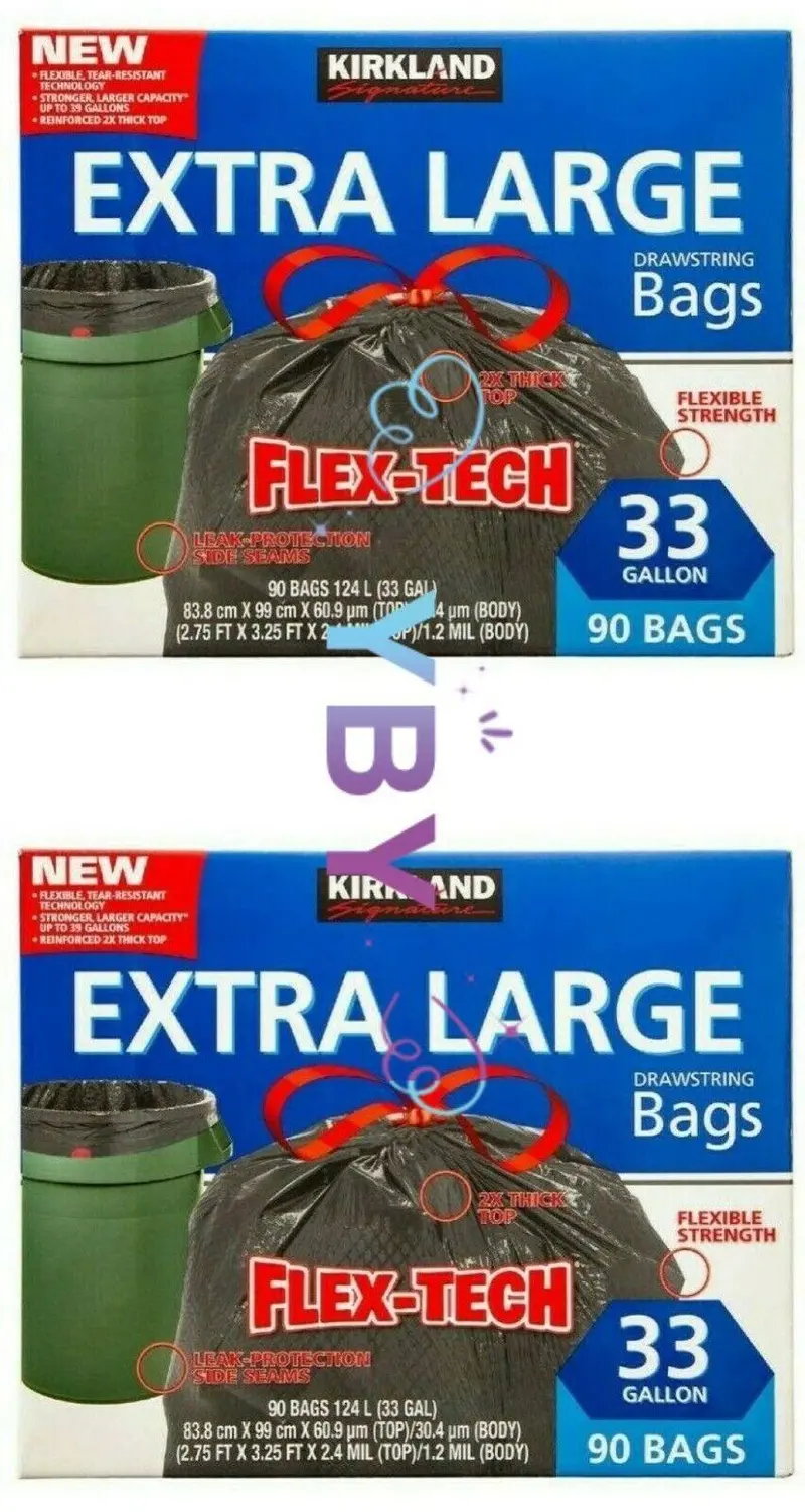 2X Kirkland Signature Flex-Tech Drawstring Trash Bags 33 Gallon 90Ct,Total 180Ct 1