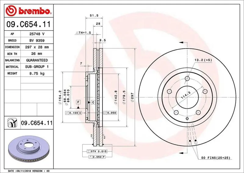 Brembo Front Disc Brake Rotor For 6, Cx-5 (09.C654.11) 1