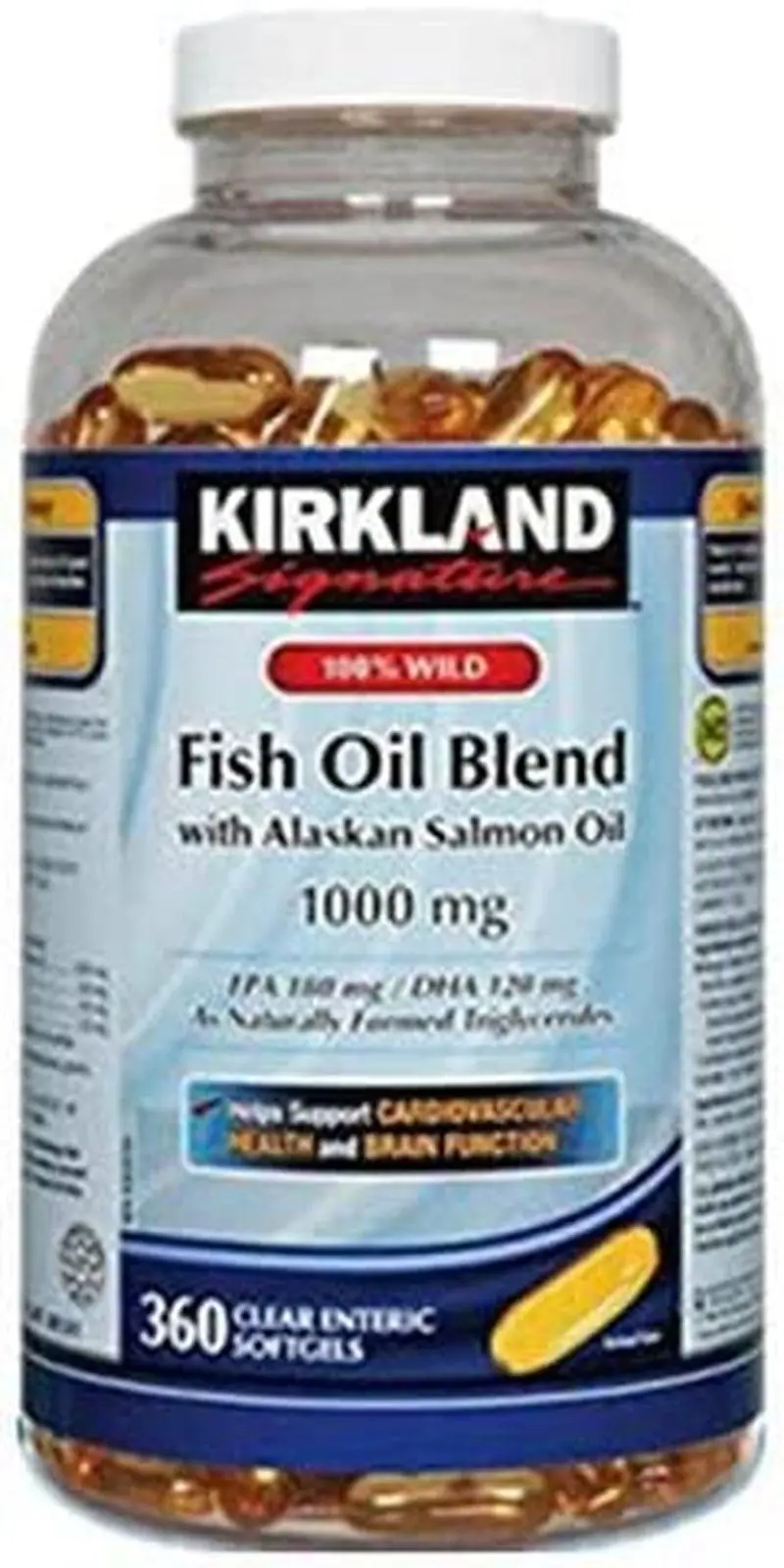 Kirkland 100% Wild Fish Oil Blend With Wild Alaskan Salmon Oil 180 Epa 120 Dha 1000Mg - 360 Enteric Softgels 1
