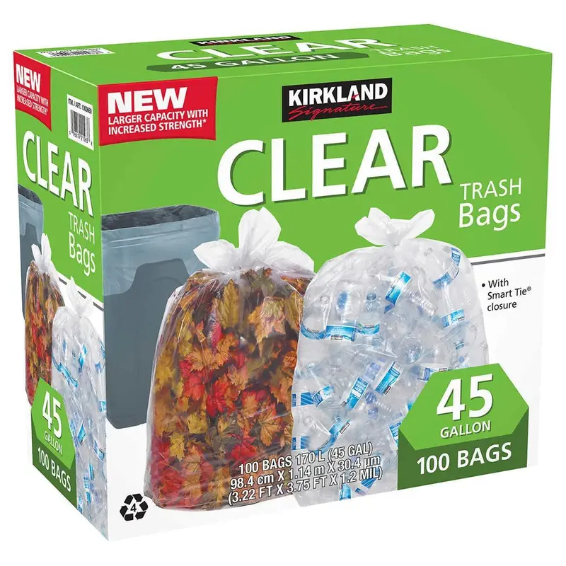 Kirkland 45-Gallon Trash Bag, Clear, 100-Count, Green, (1300660) 1