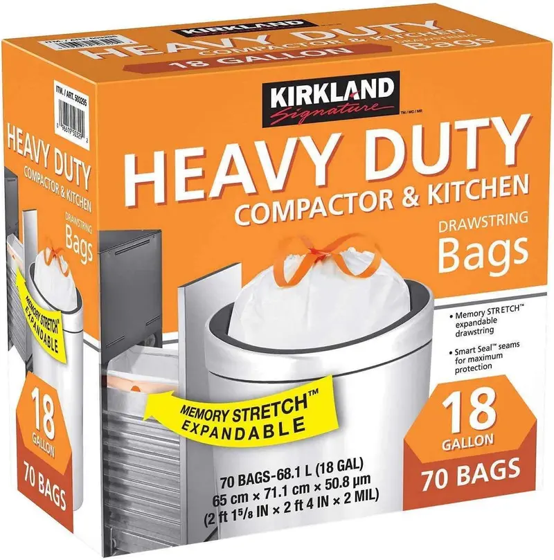 Kirkland Compactor Bags, 18 Gallon, Smart Fit Gripping Drawstring, White, 1 Pack (70 Count) 1