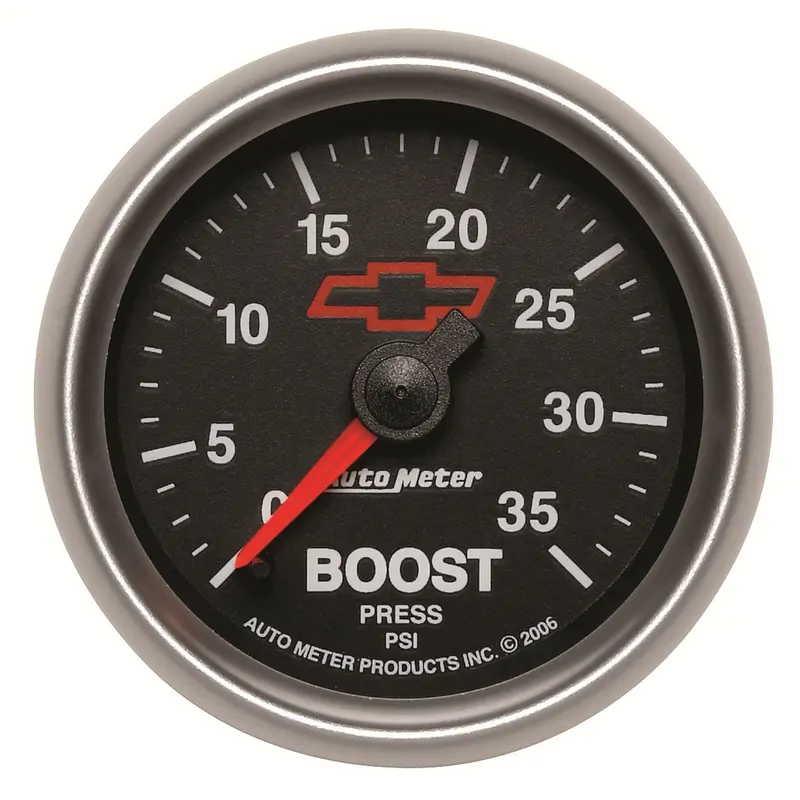 Autometer 3604-00406 Mechanical Boost Gauge – 2-1/16" Dial, 35 Psi, Chevy Bowtie Red Face 1